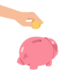 hand holding a coin and a pink piggy bank. hand drawn illustration for element, symbol, sign