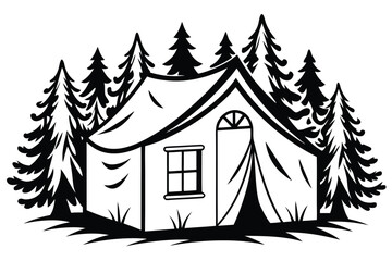 Fototapeta premium Camping Tent between Trees on White Background Isolated Style