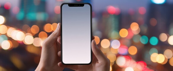 The smartphone held in hands with blank screen and city bokeh background
