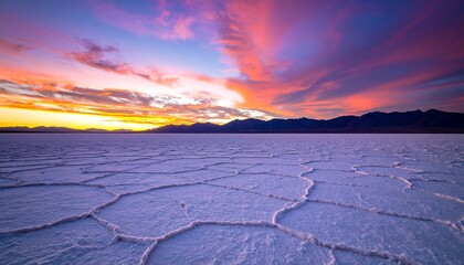 A vast, white salt flat stretches to a horizon of mountains, framed by a breathtaking sunset with vibrant colors of pink, orange, and purple.