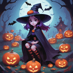 Art of a witch in halloween night with many pumpkins