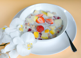Wholegrain Eco Cereal Barley Oats with Strawberries, Gala Apples, Orchid and Organic Milk, Healthy Diet Concept