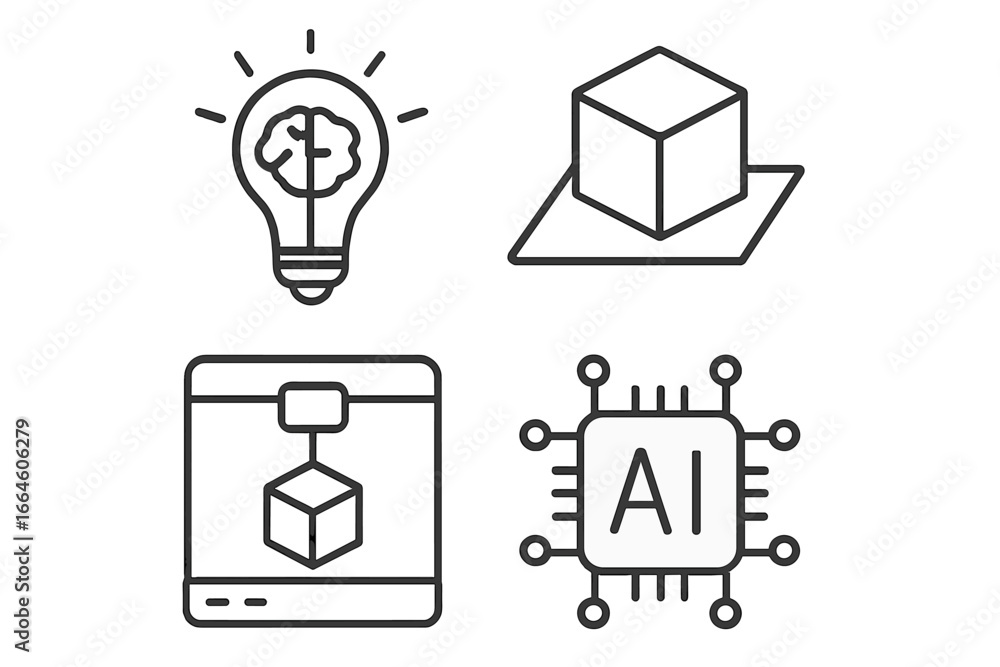Poster ai product development icon set. outline icons for artificial intelligence innovation, from idea to 