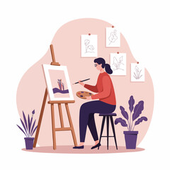 Fototapeta premium Creative female artist at work, painting a landscape on an easel in a cozy workshop with plants
