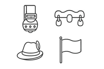 Alpine farming and herding icon set. Outline vector symbols of cowbell, wooden yoke, traditional herdsman hat and flag. For swiss, austrian or bavarian culture and agriculture.