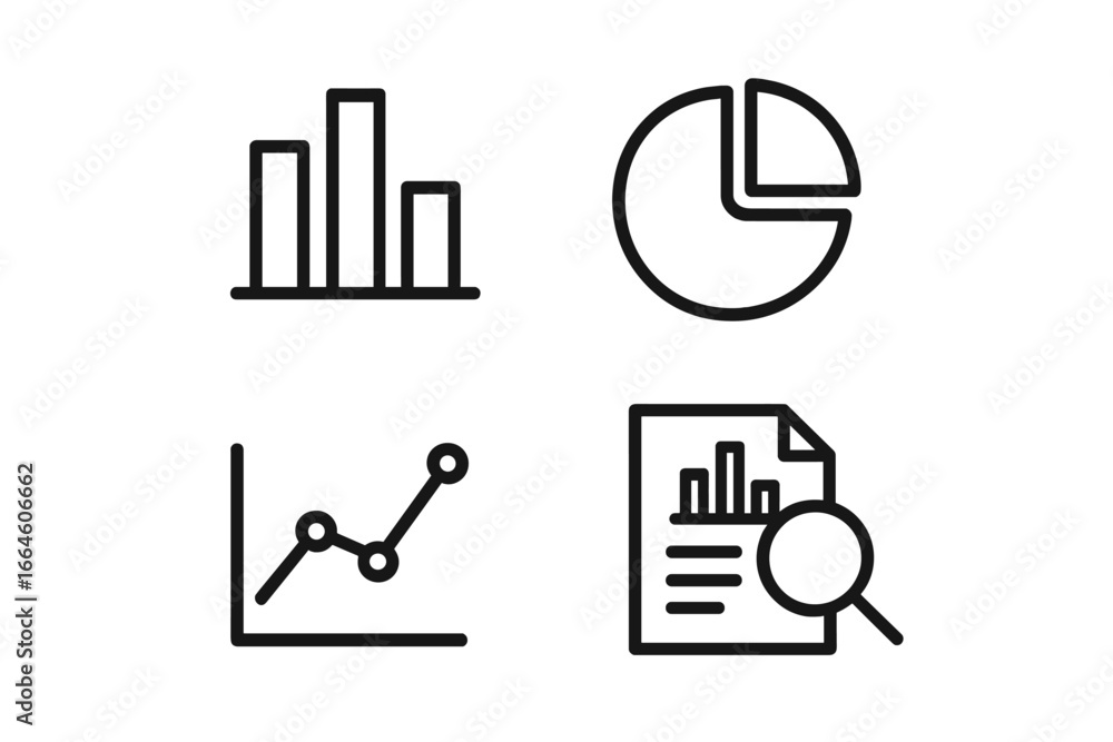 Poster analytics linear icons. data analysis, statistics, report. bar chart for growth, pie chart for share