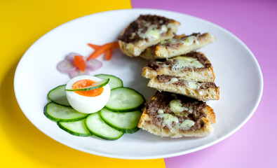 Grass Fed British Minced Beef Sourdough Sandwiches with Welsh Cheddar Cheese, Egg, Organic Cucumber and Shallots Art Flower