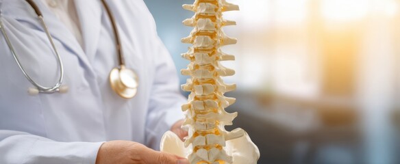 Fototapeta premium The Spine Model Held by Doctor in Medical Clinic Demonstrating Vertebrae Anatomy