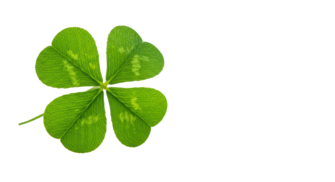 A single, perfectly formed, vibrant green four-leaf clover, isolated on an immaculate, transparent, high-key studio background with copy space, concept of rare opportunity