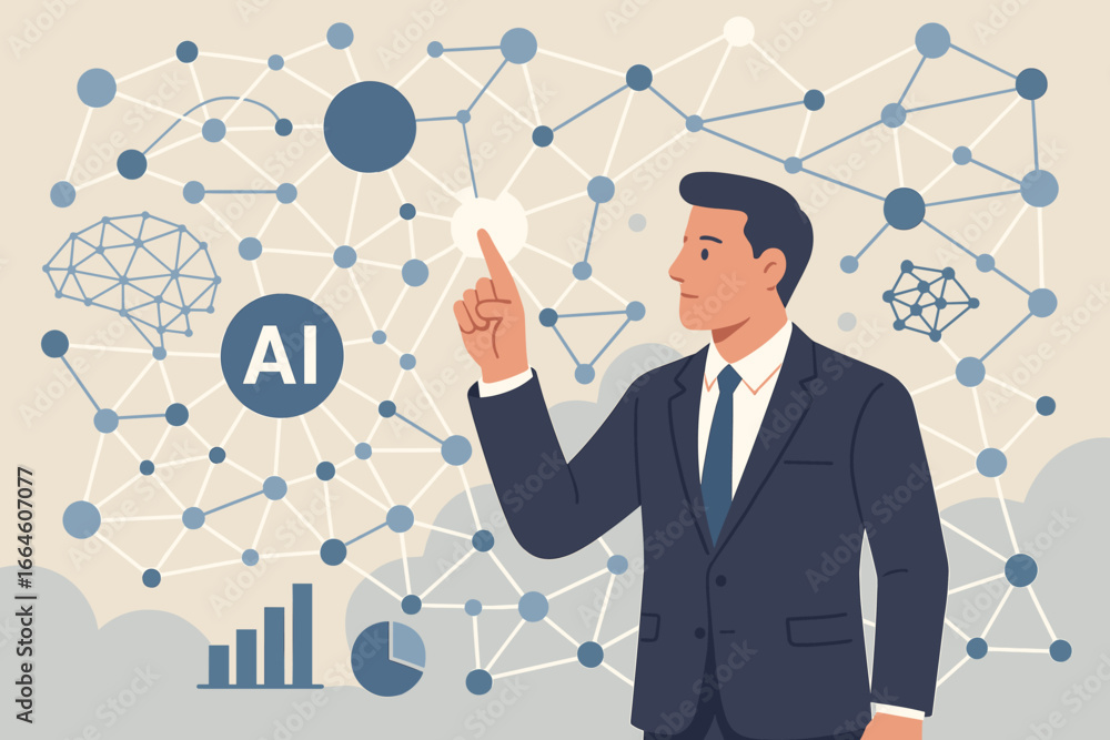 Poster ai technology, machine learning, and deep learning for big data analysis. businessman touching a fut