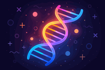 Luminous DNA helix vector illustration. Abstract futuristic concept of genetics, biotechnology, and gene engineering. Glowing neon science and medical background design.