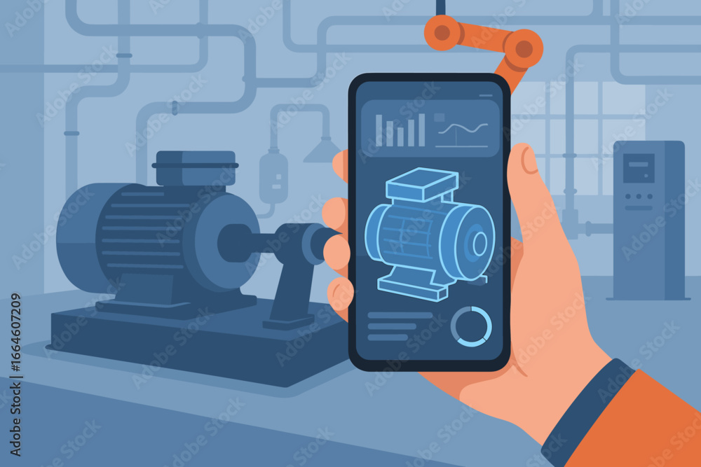 Aufkleber augmented reality in industry. engineer holding smartphone using virtual ar app to check electric ma