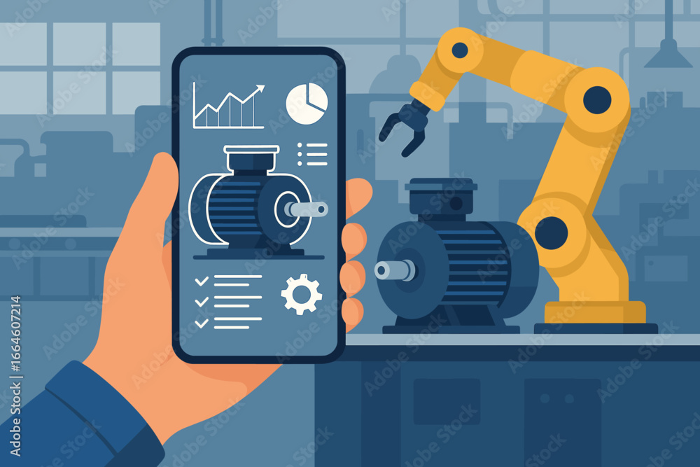 Aufkleber augmented reality concept for industry 4.0. engineer hand holds phone using ar app for machine diagn