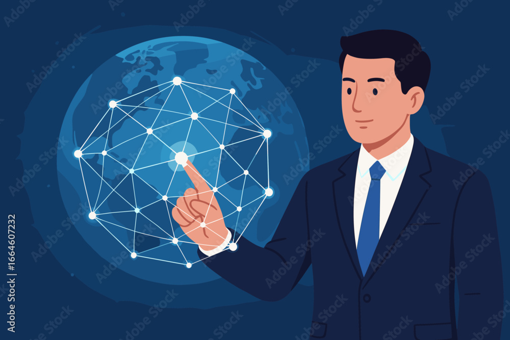 Aufkleber ai and machine learning concept. businessman touching a glowing global network structure. internet a