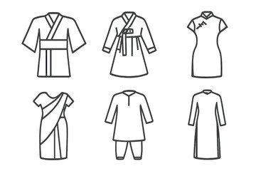 Asian traditional clothing outline icons set. Kimono, Hanbok, Cheongsam, Sari, Shalwar Kameez, Ao Dai. Japanese, Korean, Chinese, Indian, Vietnamese cultural dress symbol.