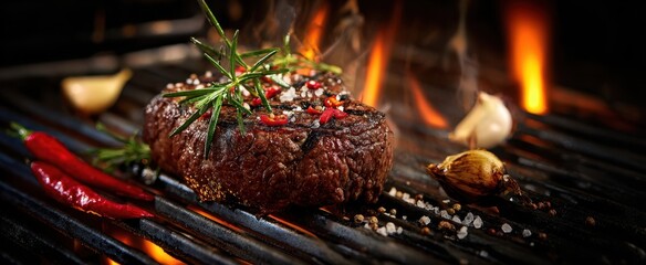 The Steak Sizzling on a Flame Kissed Grill with Garlic and Rosemary