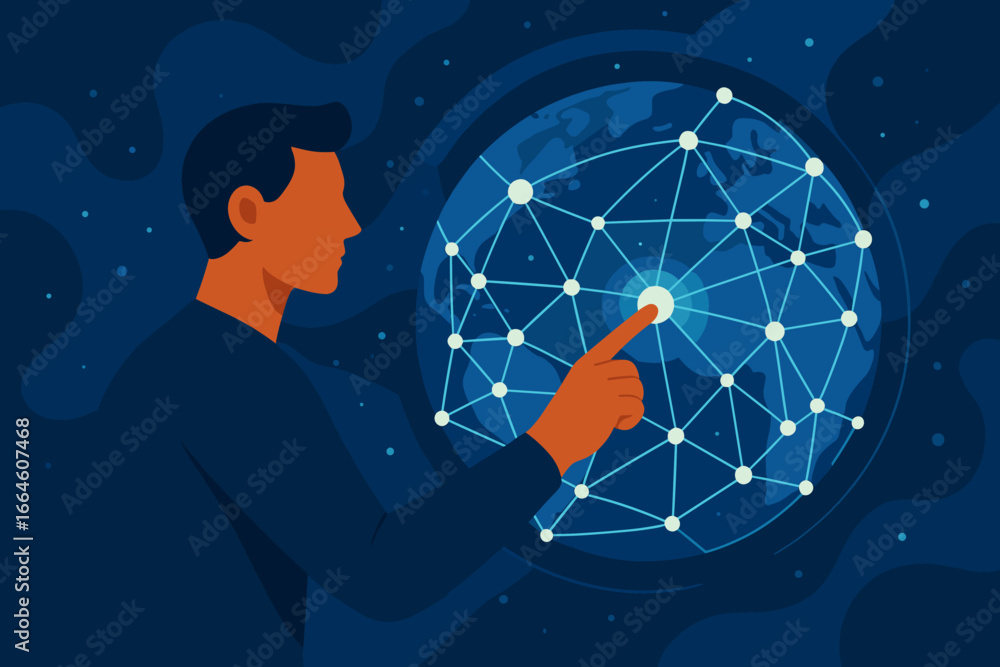 Poster man touching global network connection. innovative technology, science and communication concept. di