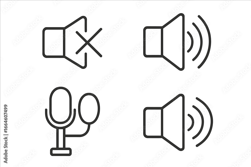 Poster audio icon set. outline symbols for sound quality and microphone etiquette. vector icons of mute and