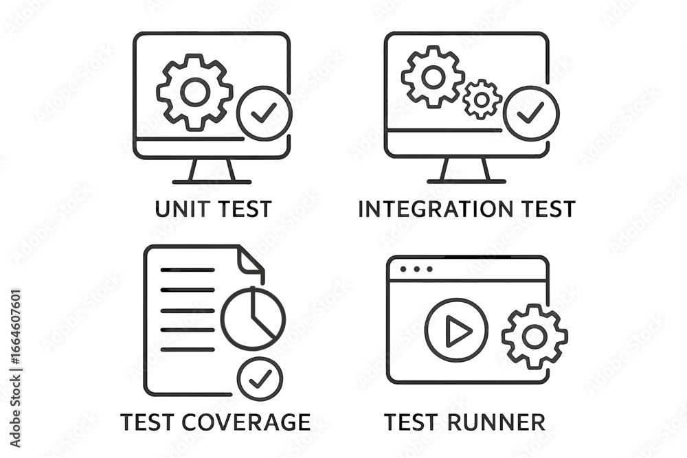 Poster automated testing outline icon set. unit test, integration test, test coverage, test runner icons. s