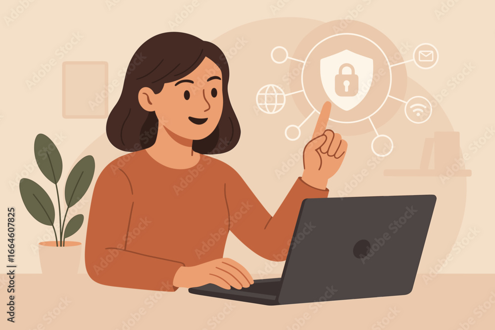 Poster cyber security concept. woman working on laptop. internet data protection. network privacy. secure c
