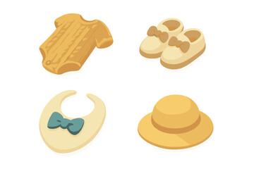 Baby outfit icon set. Isometric vector illustration of baby clothes and accessories. Layette with knit romper, shoes, bow tie bib and sun hat. Newborn flat design concept.
