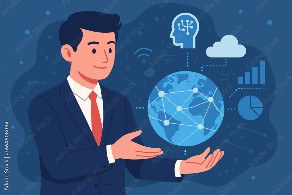 Poster businessman holding a global business network for data exchange. innovation of future generation tec