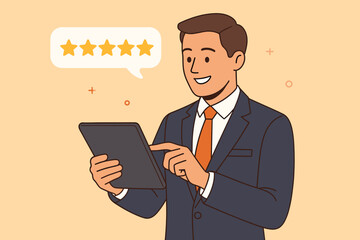 Businessman giving five star review on tablet. Customer satisfaction and feedback concept. Excellent service quality survey. Positive client experience. Online rating evaluation.