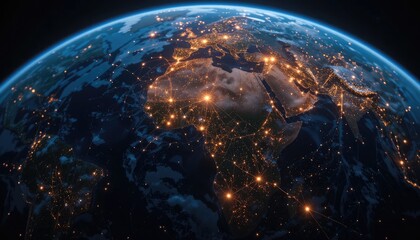 Obraz premium Stunning earth globe view with glowing city lights illuminating continents, symbolizing global connectivity and networks, ideal for technology and business themes