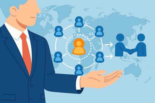 Businessman holding customer retention network. Acquiring new customers for partnership and business growth. Global expansion concept with world map. Client management strategy.