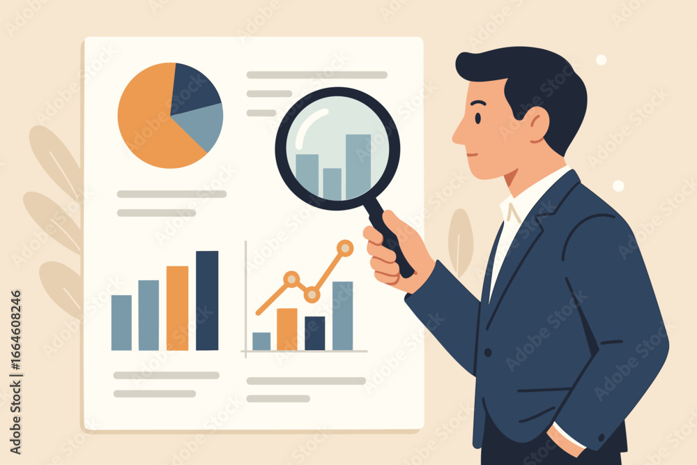 Aufkleber data analysis for business strategy. businessman with magnifying glass looking at chart and report f