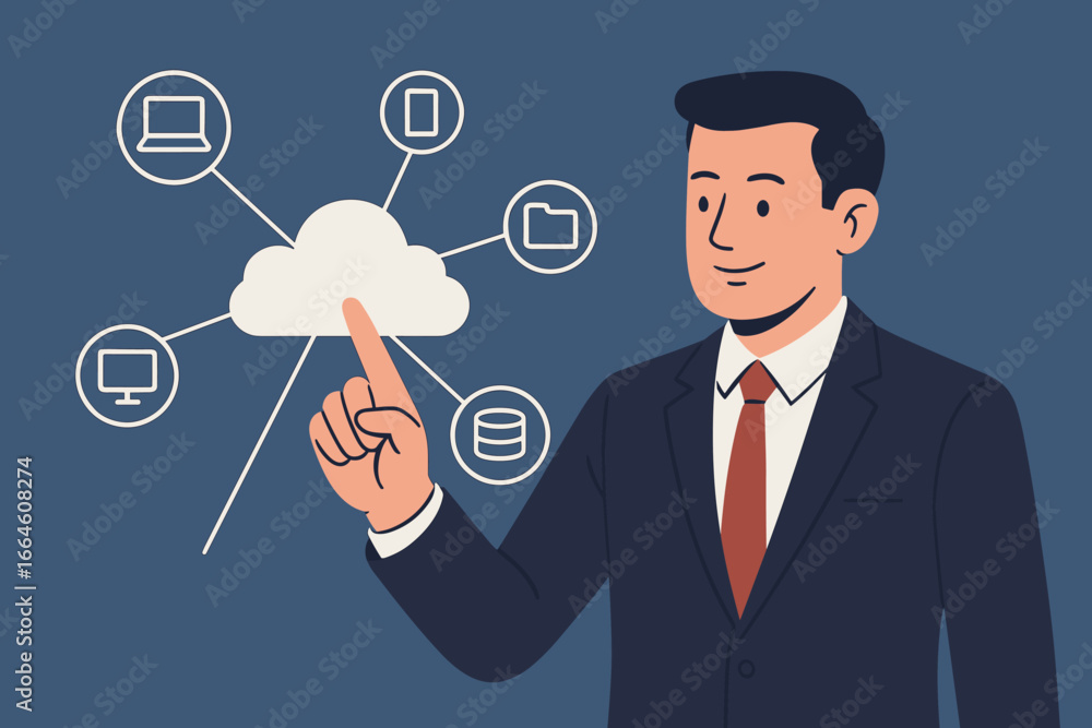 Poster businessman touches cloud computing icon. cloud technology for data transfer and online storage. bus
