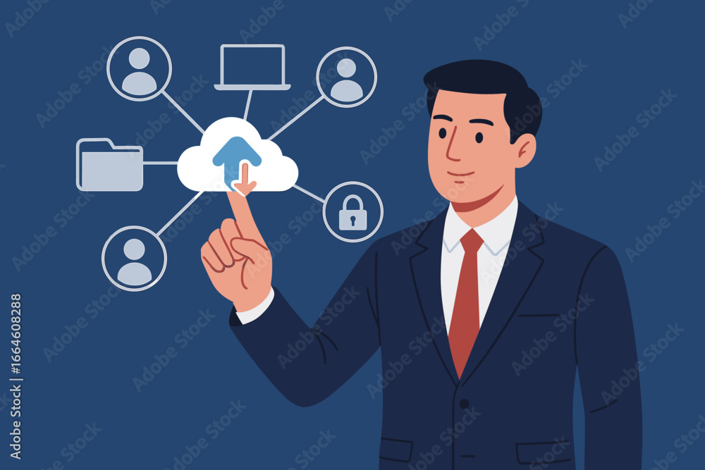 Poster businessman touching cloud computing icon for data transfer. cloud technology for online storage and