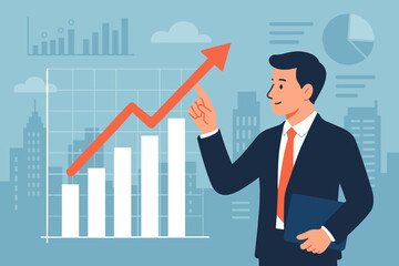 Businessman analyzing financial data on chart. Man touches growth graph showing business progress and success. Concept for investment, marketing report, and company strategy.