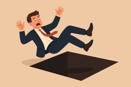 Businessman falling into hole metaphor for business pitfall or trap. Concept for failure, mistake, crisis, or risk. Financial danger, accident, trouble, and loss in career. Panic.