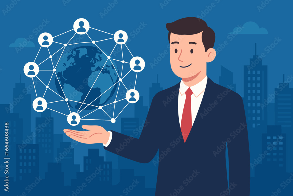 Poster businessman holding a global digital network for customer data connection. social networking and tec