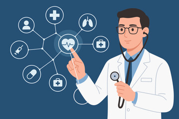 Cardiologist doctor with stethoscope touching medical icon network on a virtual screen. Healthcare, medical technology, telemedicine, patient care, and digital health concept.