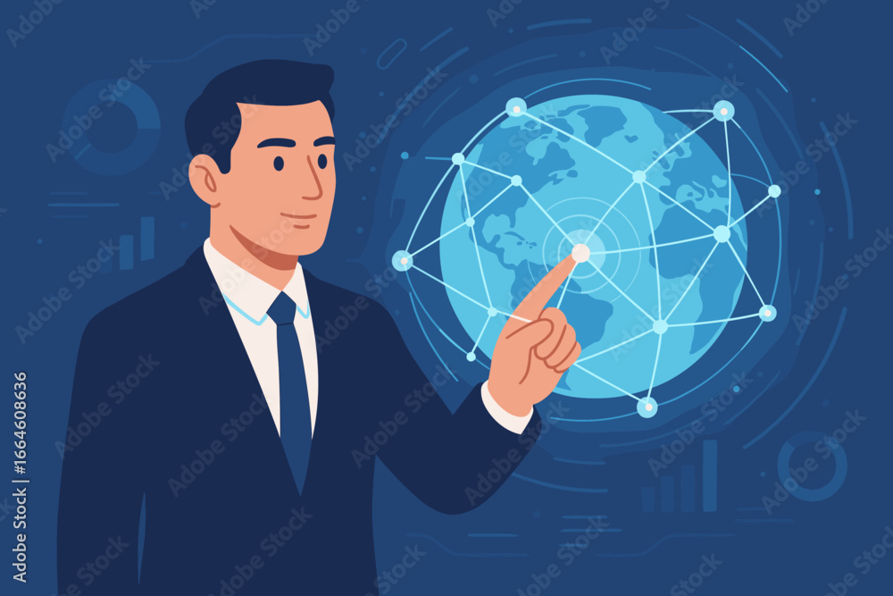 Poster businessman touching global network. futuristic technology connecting world with big data, internet 