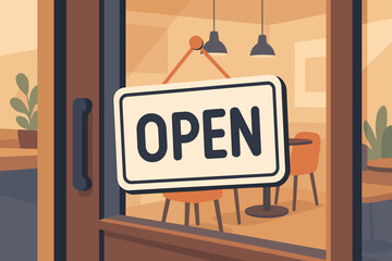 Open sign hanging on a cafe or restaurant glass door entrance. Concept for business, storefront, and welcome. Modern flat vector cartoon style illustration for a local shop.