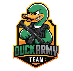 Angry duck soldier cartoon, armed mascot character, tactical bird illustration, military team logo, vector animal emblem, editable layered artwork, isolated clipart design