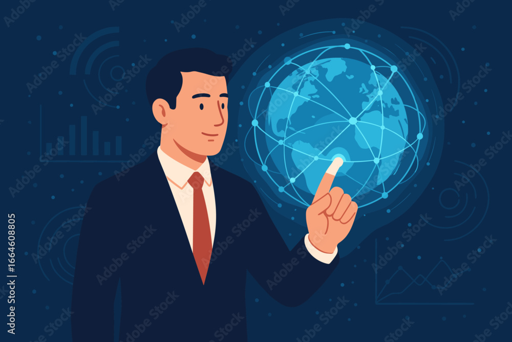 Poster businessman touching global network and data exchanges. futuristic technology connecting the world. 