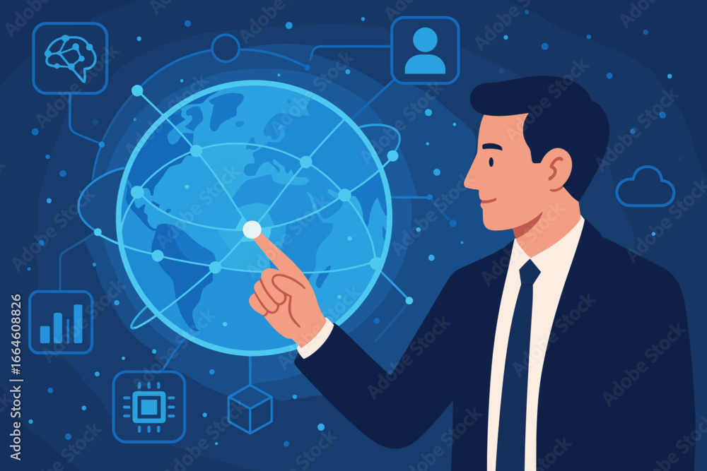 Poster businessman touching global network for data exchange. innovation, future technology, ai, and big da