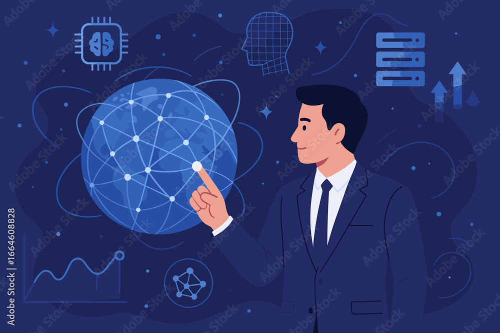 Poster businessman touching global network and data exchanges. innovation of future generation technology, 