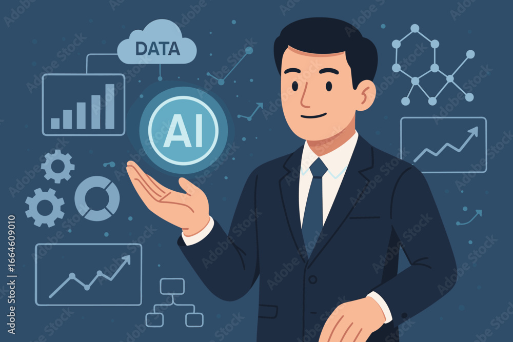 Aufkleber data science analytics and business algorithm. businessman holding ai icon and strategy analysis on 