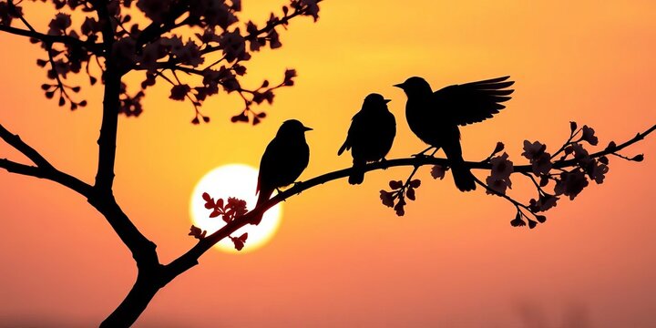 Elegant, silhouetted birds perched on a graceful, blossoming tree branch against a soft sunset backdrop, silhouette, illustration - Powered by Adobe