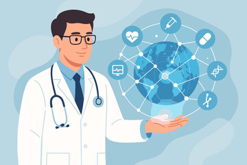 Doctor holding virtual globe with healthcare network connection. Science and medical innovation, technology. Sustainable smart services and solutions in global medicine.