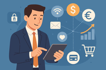 Businessman using tablet for online banking, currency exchange, and secure payment. Digital marketing and finance concept with banking network and investment growth chart.