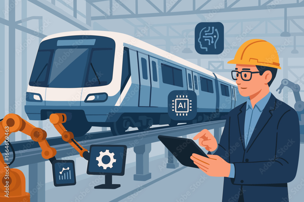 Aufkleber engineer with tablet controls robotic arm on train assembly line in smart factory. ai technology in 