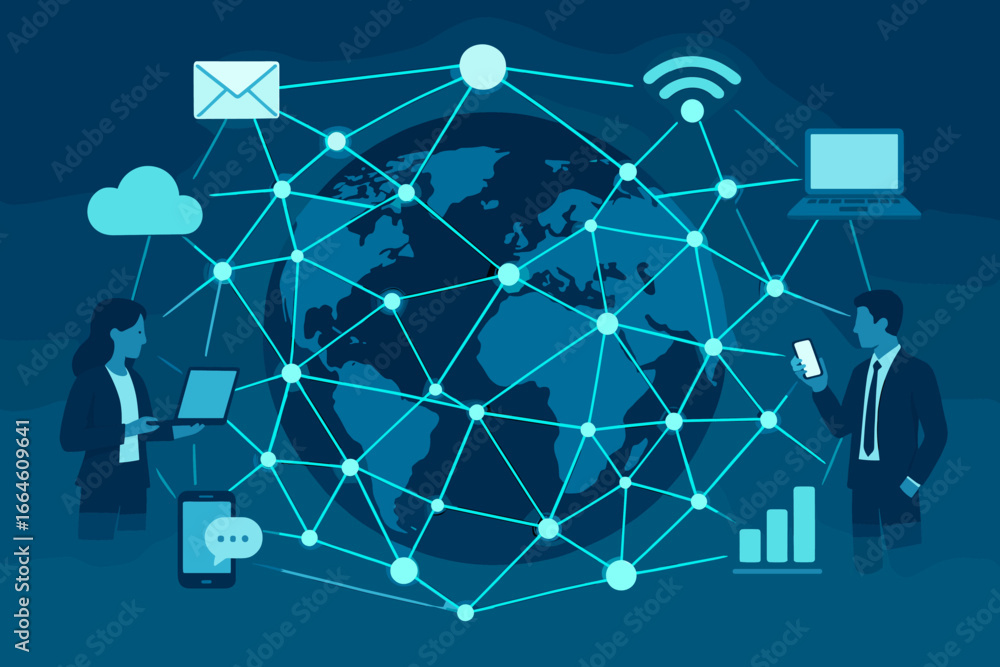 Aufkleber global business communication technology. worldwide internet network connection. telecommunication a