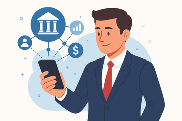Businessman using mobile banking app on smartphone for online payment. Financial technology concept with network icons for money transfer, investment, and customer data.