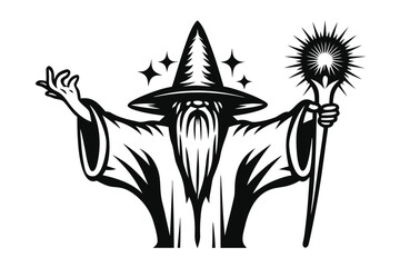 Black and White Wizard With Staff Stars on White Background
